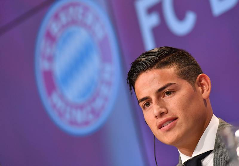 epa06083032 Bayern Munich's new player James Rodriguez is presented during a press conference in Munich, Germany, 12 July 2017. German Bundesliga soccer club Bayern Munich announced on 11 July 2017 James Rodriguez comes from Spain's Real Madrid on a two-year loan.  EPA/LUKAS BARTH