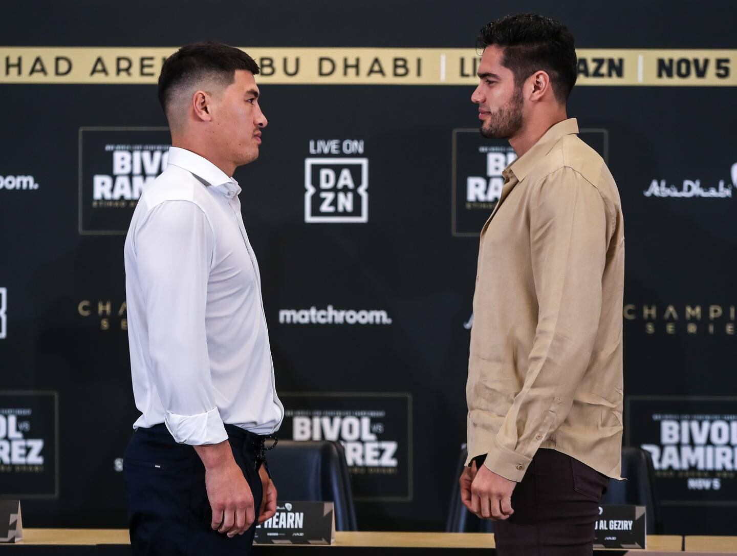Undefeated light heavyweight champ Dmitry Bivol, left, puts his title on the line against unbeaten Mexican, Gilberto "Zurdo" Ramirez at Etihad Arena on November 5. Victor Besa / The National