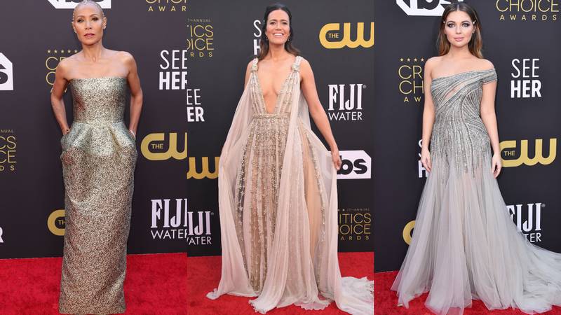Middle Eastern designers are once again dominating the red carpet this awards season. From left, Jada Pinkett Smith wearing Rabih Kayrouz, Mandy Moore in Elie Saab and Sammi Hanratty in Tony Ward at the Critics Choice Awards 2022. Photos: AFP; AP; Reuters