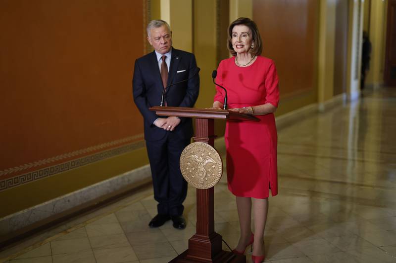 Ms Pelosi speaks at a press conference alongside King Abdullah at the US Capitol. Bloomberg