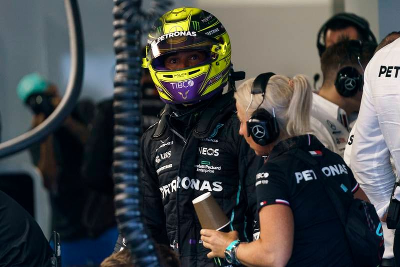 Lewis Hamilton in the garage during the second practice session for the Formula One Grand Prix of Miami. EPA