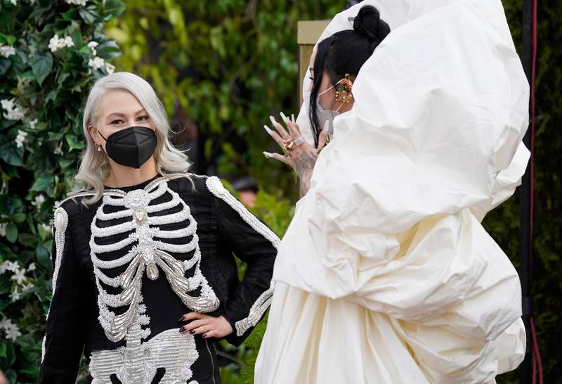 Singer Phoebe Bridgers often wears skeleton-adorned dresses on the red carpet. She went big and bold at the Grammys, in an outfit by Thom Browne. AP