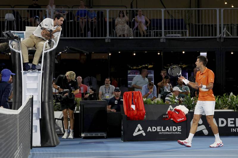 Novak Djokovic argues with chair umpire during the Adelaide International final. AP