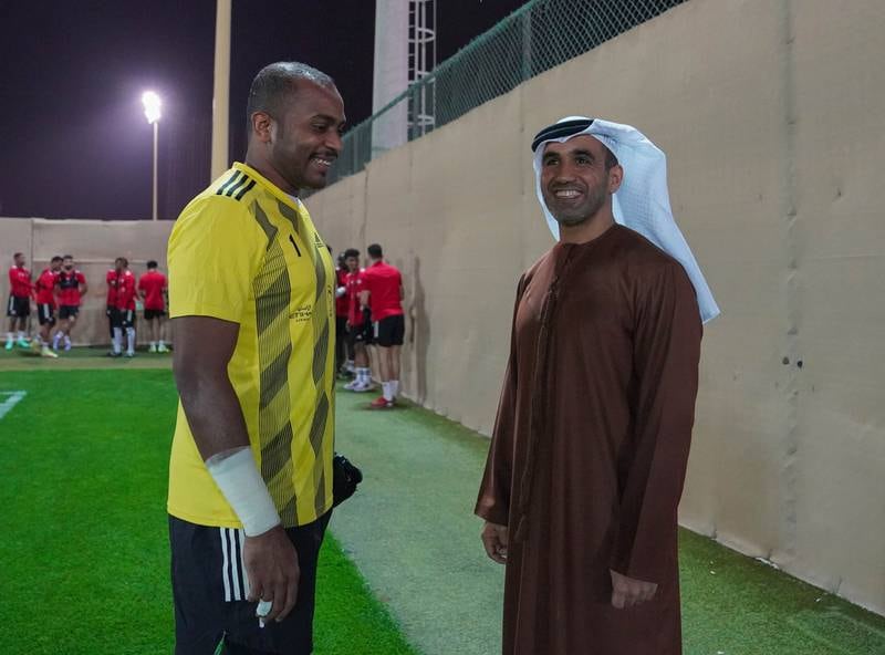 UAE goalkeeper Ali Khaseif talks to Humaid Al Tayer, head of national teams committee. Photo: UAE FA