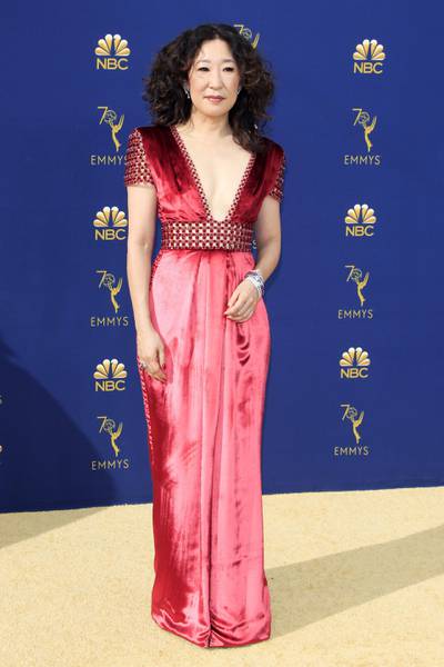 Sandra Oh in slick red Ralph & Russo Couture. Photo / EPA