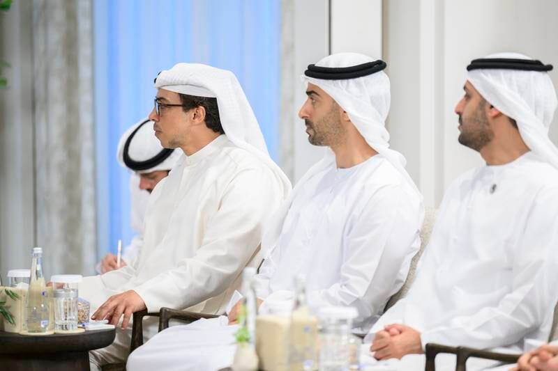 From left, Sheikh Mansour bin Zayed, Deputy Prime Minister and Minister of the Presidential Court; Sheikh Hamdan bin Mohamed; and Sheikh Mohamed bin Hamad, adviser for Special Affairs at the Presidential Court, attend the meeting.