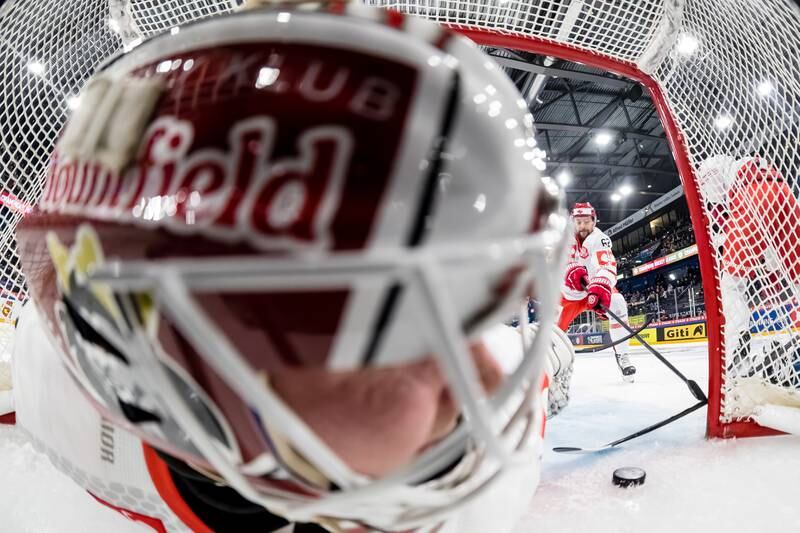 The Mountfield HK goalie concedes the opening shot during the Champions Hockey League quarter-final second leg game against EV Zug at the Bossard Arena in Zug, Switzerland. EPA