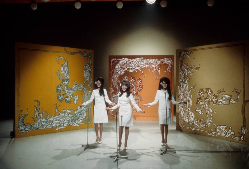 The Ronettes, from left, Nedra Talley, Veronica Bennett and Estelle Bennett, perform on the NBC TV music show 'Hullabaloo' in April 1965, in New York. Getty Images