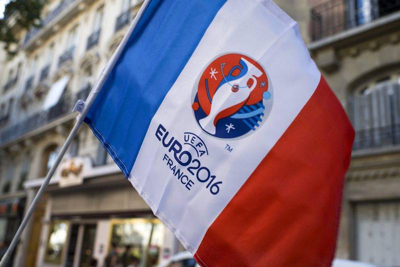 A French flag with the logo of Euro 2016 prior to the Uefa Euro 2016 Final match between Portugal and France in Paris, France, 10 July 2016. Jeremy Lempin / EPA