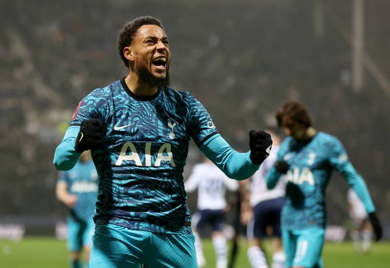 Arnaut Danjuma celebrates scoring Tottenham's third goal. Action Images