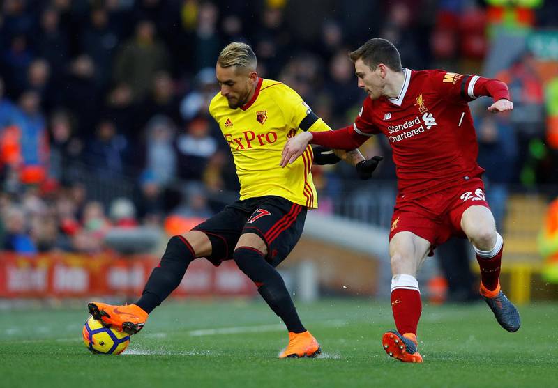 Left-back: Andrew Robertson (Liverpool) – A cross for one of Mohamed Salah’s quartet of goals against Watford illustrated what a threat he is going forward. Phil Noble / Reuters