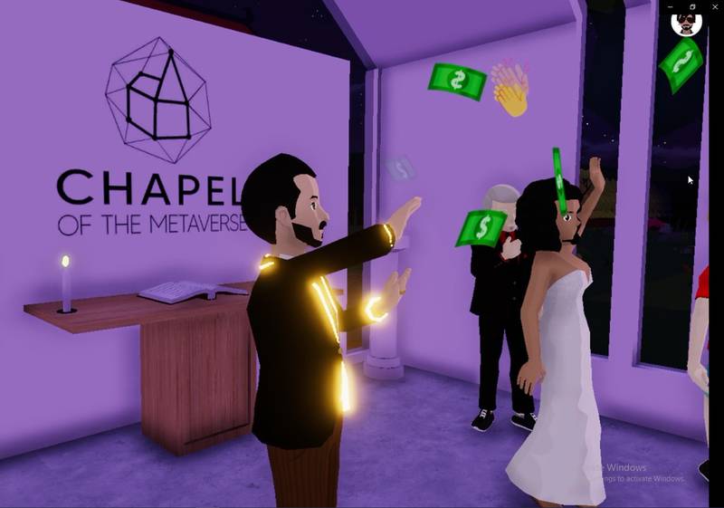 The metaverse wedding featured a ceremony in a chapel.