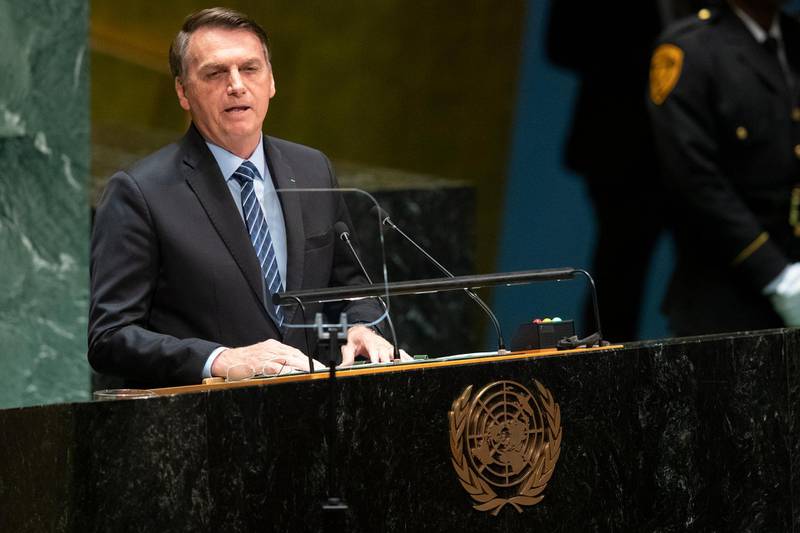 Brazil's President Jair Bolsonaro addresses the 74th session of the United Nations General Assembly at U.N. headquarters Tuesday, Sept. 24, 2019. (AP Photo/Mary Altaffer)