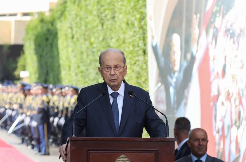 Michel Aoun, Lebanon's outgoing president, addresses his supporters as he leaves the presidential palace in Baabda on the day before his six-year term officially ends. Reuters