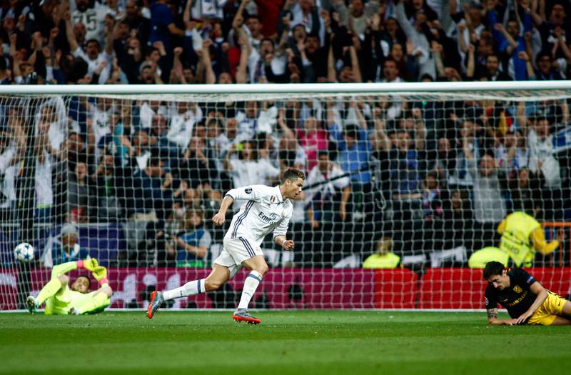 Cristiano Ronaldo after scoring for Real Madrid in the Champions League semi-final first-leg against Atletico Madrid at the Santiago Bernabeu Stadium on May 2, 2017. AFP