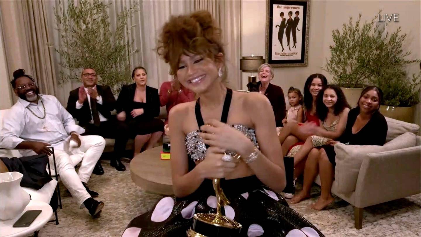 IMAGE DISTRIBUTED FOR THE TELEVISION ACADEMY - Zendaya accepts the Emmy for Outstanding Lead Actress in a Drama Series for "Euphoria" during the 72nd Emmy Awards telecast on Sunday, Sept. 20, 2020 at 8:00 PM EDT/5:00 PM PDT on ABC. (Invision for the Television Academy/AP)