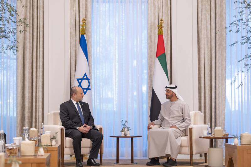 Sheikh Mohamed bin Zayed, Crown Prince of Abu Dhabi and Deputy Supreme Commander of the Armed Forces, meets Israeli Prime Minister Naftali Bennett at Al Shati Palace. Photo: Mohamed Al Hammadi / Ministry of Presidential Affairs