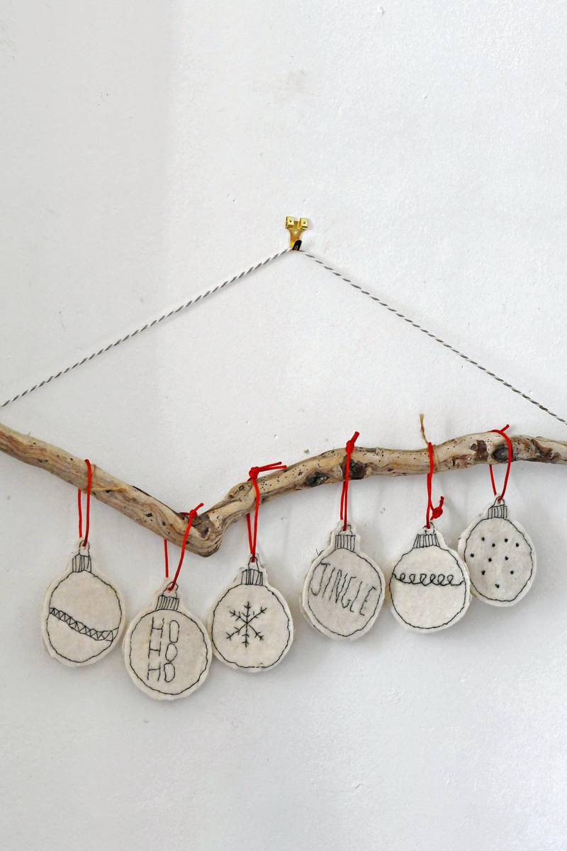 Add hanging ribbon or chord, then string the baubles together. Photo: Pillarboxblue.com
