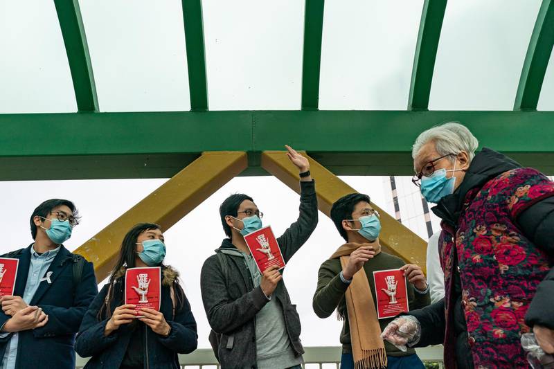 Medical workers hold a strike near Queen Mary Hospital to demand the government shut the city's border with China to reduce the spread of the coronavirus in Hong Kong, China. Getty Images