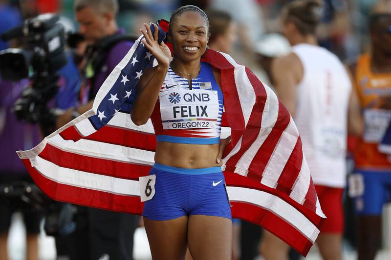 EUGENE, OREGON - JULY 15: Allyson Felix of Team United States reacts after winning bronze in the 4x400m Mixed Relay Final on day one of the World Athletics Championships Oregon22 at Hayward Field on July 15, 2022 in Eugene, Oregon.    Steph Chambers / Getty Images / AFP
