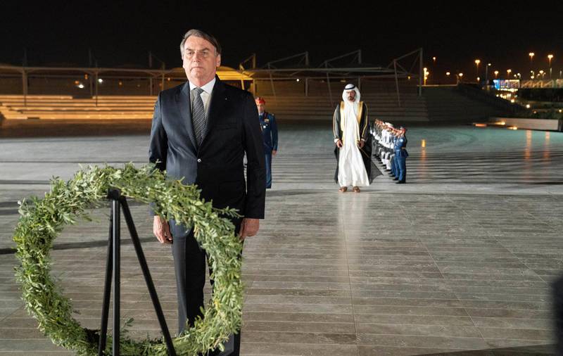 Brazilian President Jair Bolsonaro visited Wahat Al Karama, which commemorates the sacrifices and heroic deeds of UAE martyrs. He was welcomed by Sheikh Khalifa bin Tahnoun Al Nahyan, Executive Director of the Martyrs' Families' Affairs Office at the Abu Dhabi Crown Prince's Court. Wam