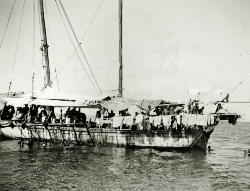 A pearling boat at the Bahrain pearling banks, Bahrain, circa 1926.