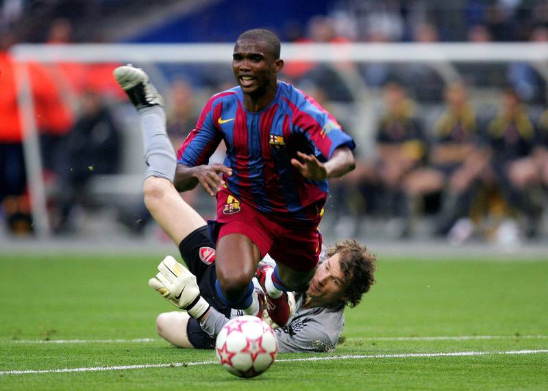 FILE PHOTO: ON THIS DAY -- May 17   May 17, 2006     SOCCER - Arsenal's Jens Lehmann brings down Barcelona's Samuel Eto'o on the fringe of the penalty area, an act that earned the German a red card to make him the first man to be sent off in a European Cup final.     Arsenal boss Arsene Wenger brought on Spanish goalkeeper Manuel Almunia and sacrificed disconsolate French midfielder Robert Pires, whose last appearance for the London club was ending in a way he could never have imagined.     Despite being a man down Arsenal took the lead through a first-half header from Sol Campbell but Barca, who battered the Gunners in the second half, responded through Eto'o and substitute defender Juliano Belletti to seal a 2-1 win.  Action Images via Reuters/Alex Morton/File photo