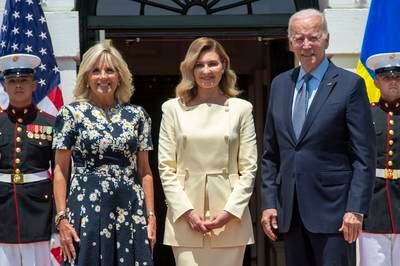 Jill Biden, US first lady, left, and US President Joe Biden welcome the first lady of Ukraine, Olena Zelenska, to the White House. EPA