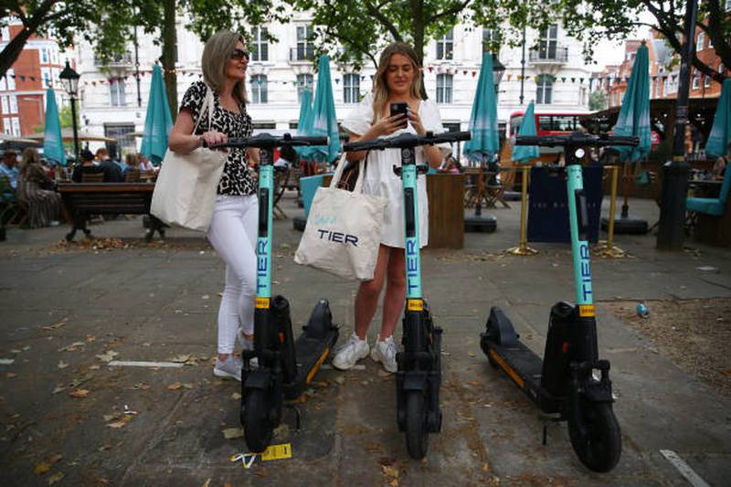 Tier's electric scooters in London. The shared micro-mobility company has raised $660m in equity and debt funding to date. Getty