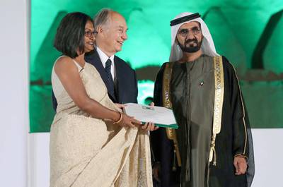 Sheikh Mohammed bin Rashid, Vice President and Ruler of Dubai, joins Prince Karim Aga Khan in handing out the Aga Khan Awards for Architecture at Al Jahili Fort in Al Ain. Wam