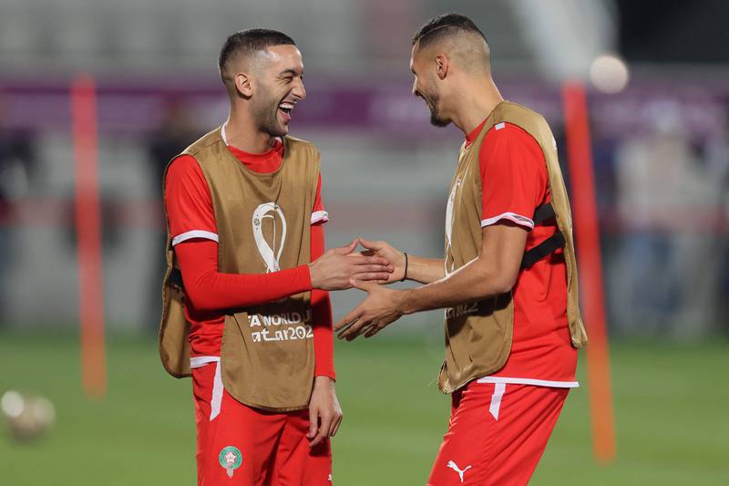 Morocco's Hakim Ziyech, left, with Selim Amallah during a training session ahead of the World Cup third place play-off against Croatia. AFP