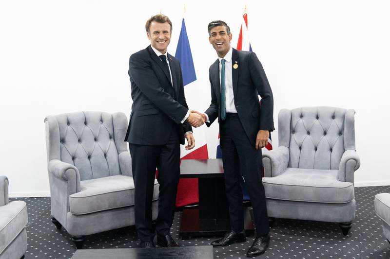 Rishi Sunak (R) with Emmanuel Macron in Egypt in November. They will meet again in Paris on Friday. PA
