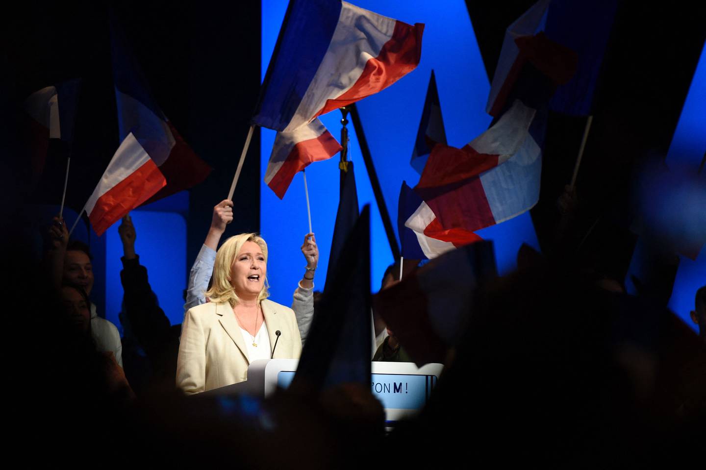 Supporters wave the national flags as Marine Le Pen gives a speech during a campaign rally in Stiring-Wendel. AFP