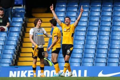 Conor Coady of Wolverhampton Wanderers after scoring the late equaliser against Chelsea at Stamford Bridge. Getty