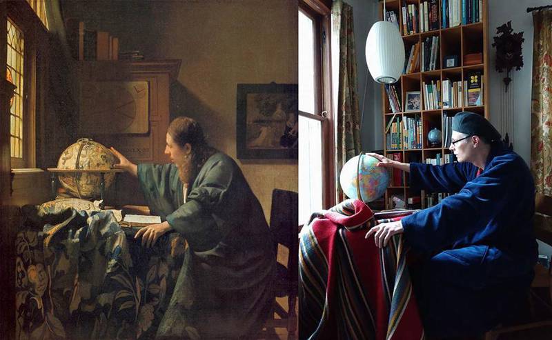 In her fifth submission to the online challenge, Ann Zumhagen-Krause posts a recreation of 'The Astronomer' (1668) by Johannes Vermeer. Via @annzeekay / Twitter