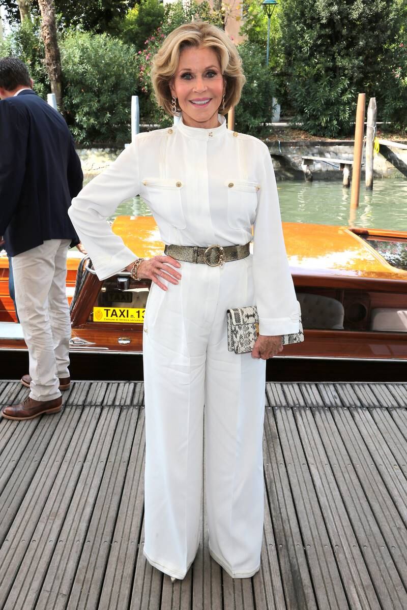 Jane Fonda, in a white blouse and trousers, arrives at the 'Our Souls at Night' photocall during the 74th Venice International Film Festival at Sala Casino in Venice, Italy, on September 1, 2017