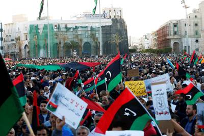 Libyan protesters attend a demonstration to demand an end to the Khalifa Haftar's offensive against Tripoli, in Martyrs Square in central Tripoli, Libya. Reuters