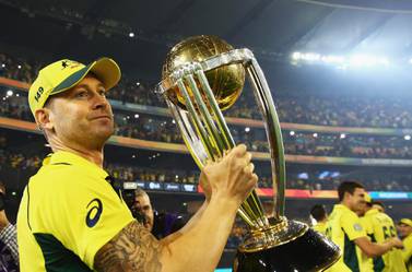 Captain Michael Clarke lifts the 2015 World Cup after Australia beat New Zealand in Melbourne. Ryan Pierse / Getty Images