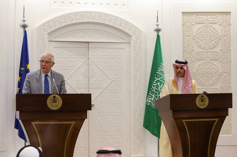 Saudi Arabia's Foreign Minister Prince Faisal bin Farhan and EU foreign policy chief Josep Borrell address journalists in Riyadh on Sunday. Photo: Reuters