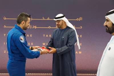 'Our national flag has made its way to space for the second time,' Dr Al Neyadi told Sheikh Mohamed. Photo: UAE Presidential Court