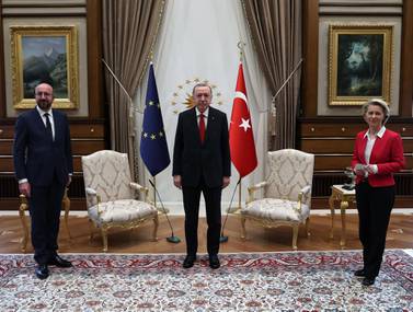 Turkey's President Recep Tayyip Erdogan flanked by European Commission President Ursula von der Leyen and European Council President Charles Michel, at the meeting in Ankara. EPA