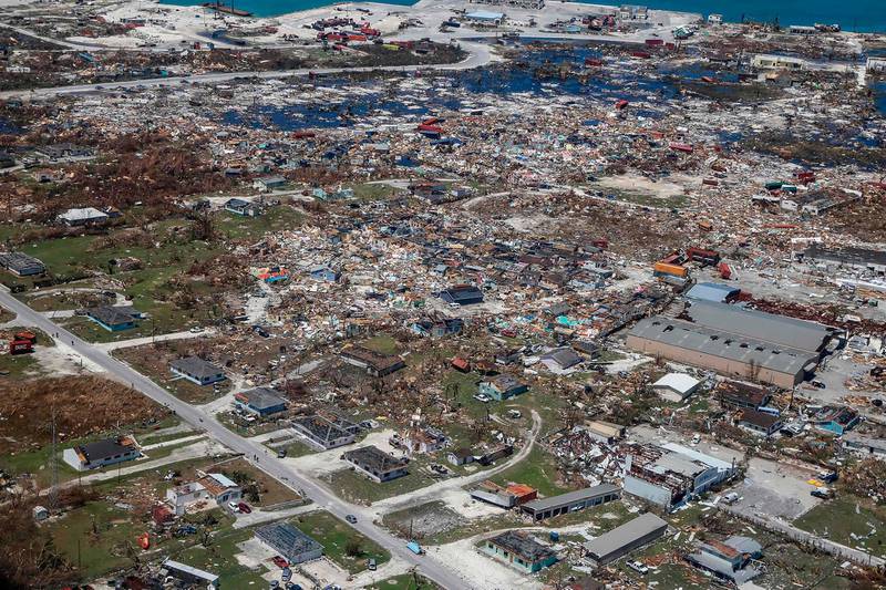 TOPSHOT - An aerial view of floods and damages from Hurricane Dorian on Freeport, Grand Bahama on September 5, 2019. / AFP / Adam DelGiudice
