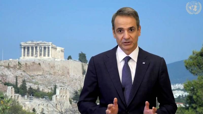 Greek Prime Minister Kyriakos Mitsotakis’ against a panorama of the Acropolis and the Parthenon. UNTV via AP