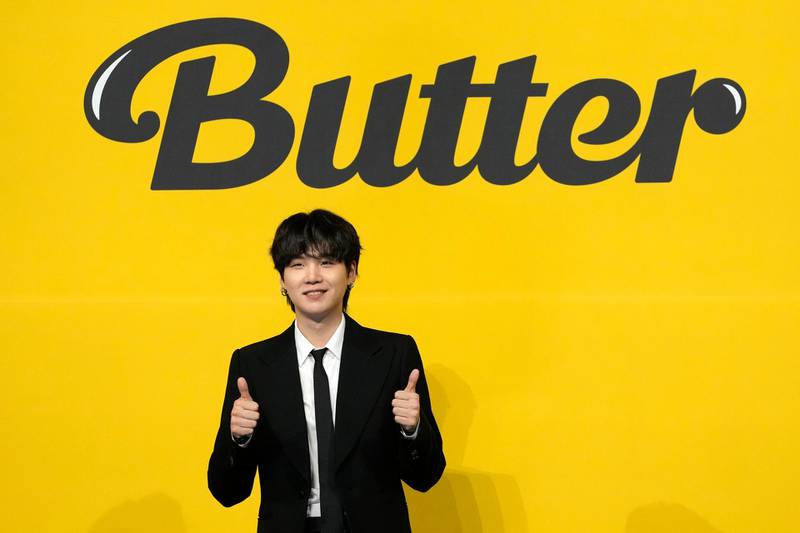 Suga, member of K-pop boy band BTS, at the launch of their new digital single 'Butter' in Seoul, South Korea, May 21, 2021. Reuters