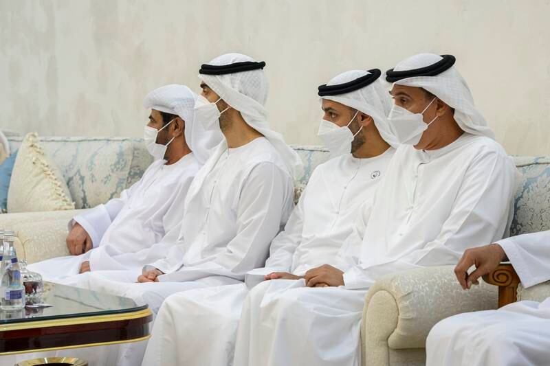 Jabr Al Suwaidi, Minister of State, right, Sheikh Mohammed bin Hamad bin Tahnoon, second right, and Sheikh Hamdan bin Mohamed bin Zayed, third right. 
