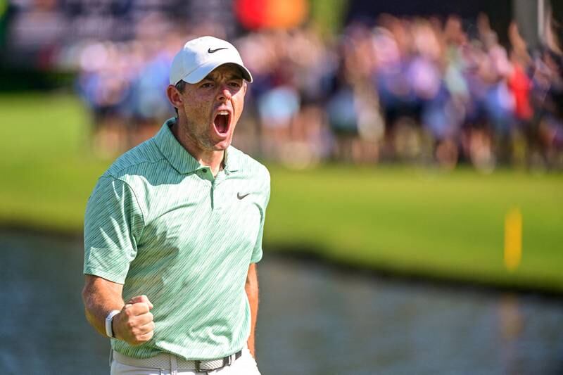 Aug 28, 2022; Atlanta, Georgia, USA; Rory McIlroy reacts after making a birdie putt on the 15th hole during the final round of the TOUR Championship golf tournament.  Mandatory Credit: Adam Hagy-USA TODAY Sports     TPX IMAGES OF THE DAY