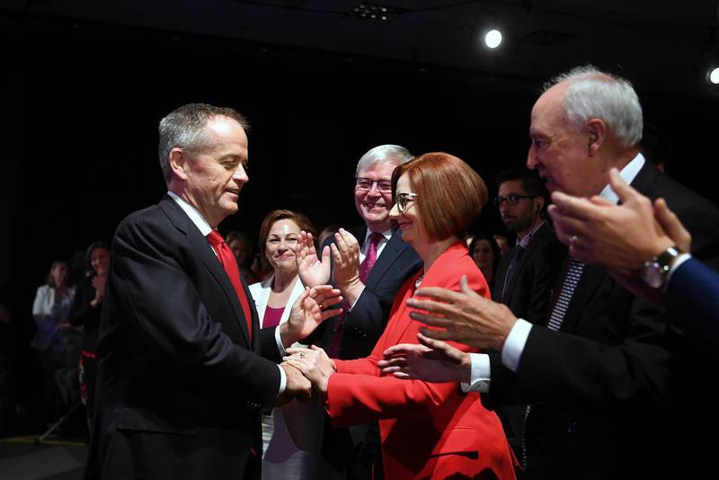 Australian Opposition Leader Bill Shorten is welcomed by former Australian Prime Ministers Julia Gillard, Kevin Rudd and Paul Keating during the Labor Party campaign launch for the 2019 Federal election at the Brisbane Convention Centre. EPA