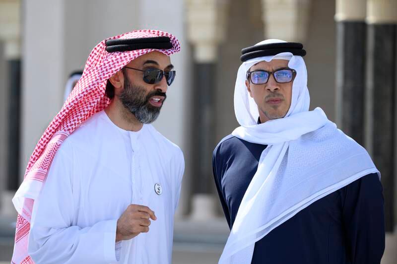 Sheikh Tahnoun bin Mohammed, Abu Dhabi Ruler’s Representative in Al Ain Region, left, with Sheikh Hazza bin Zayed, Vice Chairman of the Abu Dhabi Executive Council 
