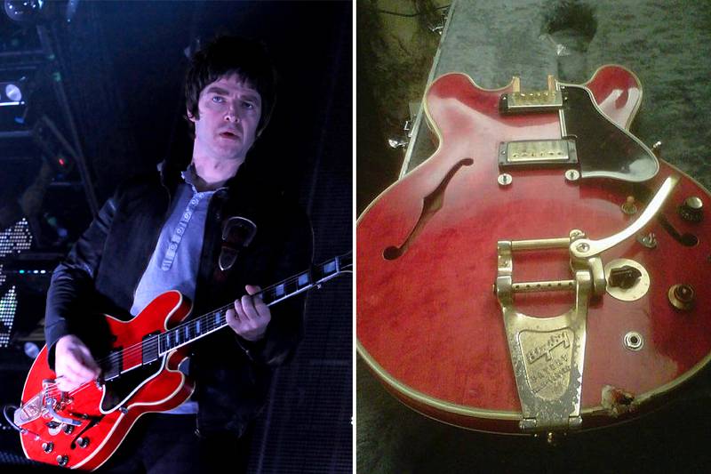 Noel Gallagher plays the Gibson ES-355 in Milan in January 2009, a few months before it fell into the vengeful hands of his brother Liam. Photo: Getty Images / Philippe Dubreuille
