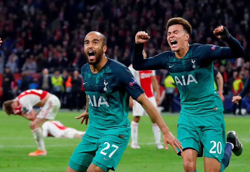 Tottenham's Lucas Moura, left, celebrates scoring their third goal to complete his hat-trick with Dele Alli and put Tottenham in the Uefa Champions League final. Reuters